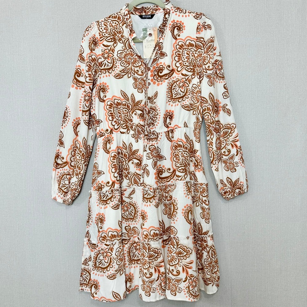 Womens Paisley Floral Tiered Mini Dress White Brown Orange Boho Size Medium